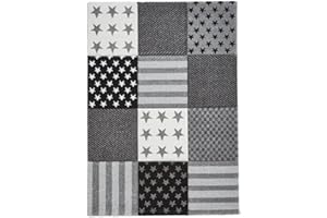 LUX Rugs Grey Stars & Stripes Square Design Childrens Floor Rug 80cm x 150cm | 100% Polypropylene | Heat Set Yarn | Soft Pile | Highly Durable | Kids Mat