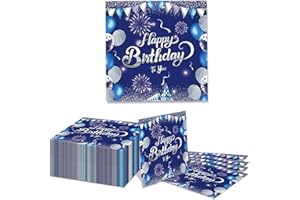 GlamRays 40 Stück Happy Birthday Servietten Blau und Silber Thema Einweg Papier Servietten für Dinner Picknick Cocktail Geburtstags Party Bedarf Dekorationen für Männer Frauen(Blau)
