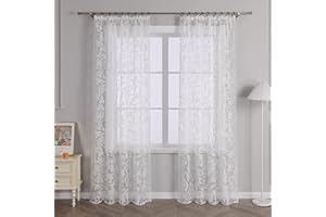 Delien Zasłona z woalu z motywem pnączy, przezroczysta, z taśmą marszczącą, do salonu, szer. x wys. 140 x 145 cm, biała, 1 szt.