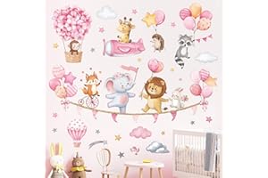 decalmile Pegatinas de Pared Animales Globos Rosa Vinilos Decorativos Infantiles Flores Globos Aerostáticos Elefante Mono Adhesivos Pared Bebés Guardería Habitación Niña