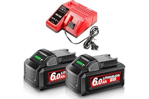 POWTREE 2 baterías de repuesto para Milwaukee y cargador de 4 A, 18 V, 6000 mAh, compatible con Milwaukee M18 M18B 48-11-1840 48-11-1828 48-11-1820 48-11-1815 48-11-1850