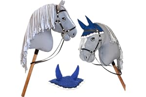 HOBBY HORSE LAND Hobby Horse Grigio A3, cavallo bastone completo di rete, mors, redina e berretto anti-insetti blu. Testa di cavallo bastone per Hobby Horsing Bambini E Adolescenti