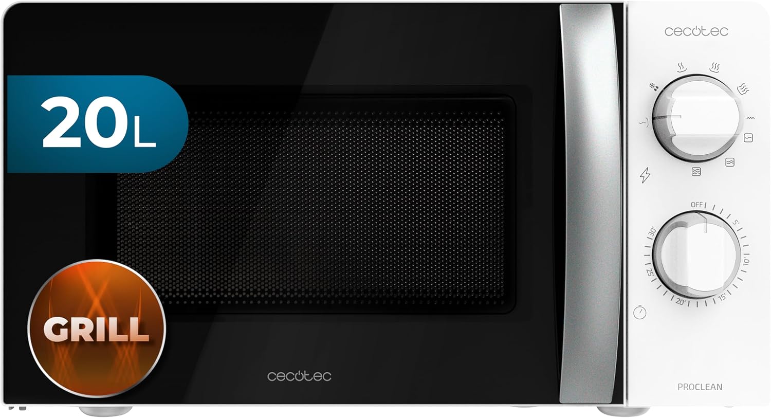 Cecotec Microondas con Grill ProClean 2110. 700W con 6 Niveles de Potencia, Capacidad 20 L, Función Grill, Tecnología 3DWave, Modo Descongelación, Temporizador hasta 30mins