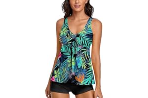 wihnsinop Tankini Damen Bauchweg Badeanzug Push Up Oberteil mit Badeshorts Bademode Set Zweiteiler Sommer Drucken Badeanzüge für Damen Strand Ferien Freizeit