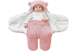 FUNUPUP Baby Hooded Swaddle Blanket, Plush Bear Baby Swaddle Wrap Pram Receiving Blanket Fleece Sleeping Bag Sack Baby Clothes for Boys and Girls (3-6 Months, Pink)
