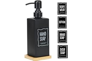 LuHeToz 16OZ Modern soap Dispenser Set with Bamboo Tray and Stainless Steel Pump and Four Waterproof Labels. Luxury Soap Bottle for Kitchen,Bathroom. (1, Black)