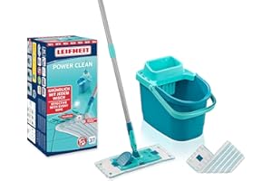 Leifheit Set PowerClean M, Balai serpillère et Seau essoreur ménageant Le Dos, kit avec 2 Housses serpillière Micro Duo pour Un Nettoyage en Profondeur, mécanisme d'essorage Facile, Click-System