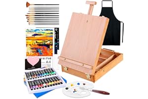 UCAMP Kit de Pintura,Set de pintura con 44 piezas,Caballetes para Mesa,con 24 Colores Tubos de Pintura Acrilica,12 Pinceles,Espátula,Delantales,Paleta y 3 Lienzo,para Pintar para Profis y A ficionados
