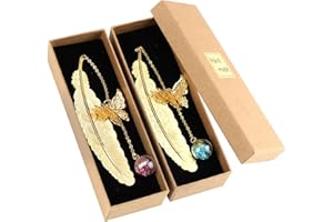 SUGHAW 2 Pezzi Segnalibro Metallo Segnalibri Ciondolo, Segnalibri Oro Metallo a Forma di Piuma Personalizzato con Farfalla 3D e Perle di Vetro Pendenti a Farfalla Segnalibro 3D per Bambini Studenti Leggere