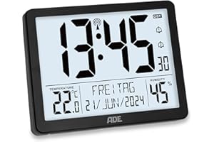 ‎ADE ADE Digitale XL-Funkuhr mit sehr großen Ziffern | Tischuhr Wanduhr mit 2 Weckzeiten und Beleuchtung | Thermometer Hygrometer | schmaler Rahmen in matt schwarz