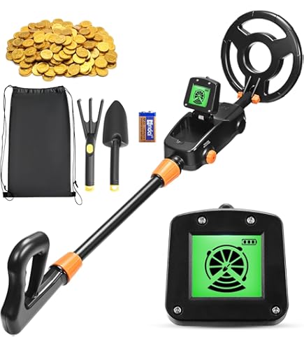 Aufun Metaaldetector voor kinderen, lichtgewicht, met lcd-scherm en precisiefunctie, inclusief draagtas, schep, waterdichte zoekspoel voor kinderen en beginners voor het zoeken naar schatten (groen