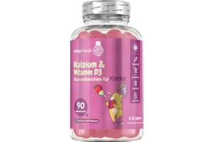 ‎MAXMEDIX Calcium & Vitamin D3 Gummibärchen für Kinder - 90 vegetarische Gummies - 320mg Kalzium & 20μg (800IE) Vitamin D3 - Erdbeere & Vanille Geschmack - maxmedix