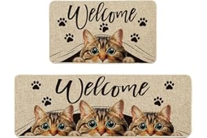‎ARTOID MODE Artoid Mode Große Augen Katze Welcome Willkommen Küchenteppich 2er Set, Waschbar Dekoration Küchenmatten für Innen Außen Dekor - 43x73 and 43x118 cm