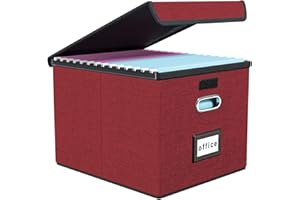Finew Boîte de rangement pliable en tissu avec couvercle, boîte à dossiers suspendus au format A4, boîtes de rangement pour le bureau, boîte pliante pour famille (rouge profond)