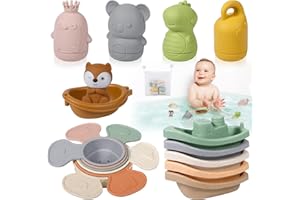 SaiXuan Giochi Bagnetto Neonato Antimuffa,.Set 4 Giochi da Bagno in Silicone+ Barca con Volpe + 6 Bicchieri Impilabili + 5 Barchette + Rete 37x47 cm per Vasca Bambini 1 2 3 Anni