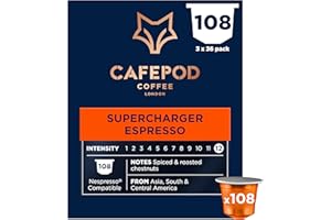 CafePod Espresso Coffee Pods - Compatible with Nespresso Coffee Machine, Intensity 12 with Rich Caramelised Chestnut Notes - Rainforest Alliance Sourced - Supercharger Espresso 108 Capsules