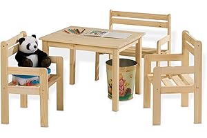 Home4You Kindersitzgruppe 4-teilig - mit Kindertisch, Sitzbank & 2 Stühlen - Braun - Kiefernholz Massiv - Sitzgruppe Kindertischgruppe Holzsitzgruppe