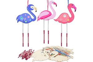 WEDNOK Flamingo Wind Chime Craft Set Children's Wooden Wind Chime Craft Craft for Painting Flamingo Creative Sets for Girls Boys Children's Birthday Summer Hawaiian Party Flanningo Party Pack of 9