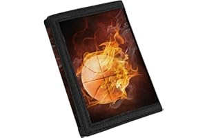 TOADDMOS Fire Basketball Print Kid Wallets for Boys Teens Slim Canvas Trifold Wallets Large Capacity