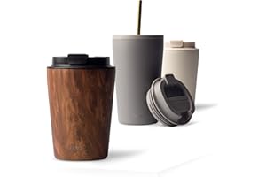 MAMEIDO Termo Cafe 350 ml, Vaso Termico Antigoteo, Taza Termica acero inox sin BPA, Vaso Termo Cafe para llevar (Oak Wood)