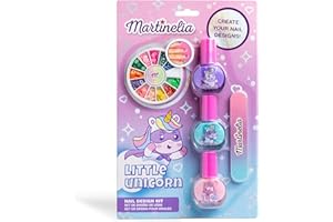 MARTINELIA - Juego de manicura de unicornio para niños – Nail Art Set – 3 esmaltes de uñas en rosa, azul y morado + 1 lima y decoraciones para las uñas – esmalte de uñas a base de agua, a partir de 3