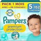 Pampers Couches Premium Protection Taille 5 (11-16 kg), 152 Couches Bébé, Pack 1 Mois, Notre N°1 Pour La Protection Des Peaux