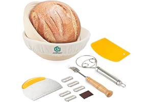 JAOBHAHY Cestino da Lievitazione per Pane,2 Pezzi Cestino Lievitazione Pane,23cm Rotondo Cestino Pane con Fodera in Lino,Frusta per Impasto+Taglierino da pane+Raschietto Metallico + Raschietto di Plastica