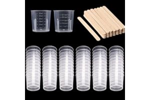 WORDMOUK 60 paquete de 30 ml taza de mezcla de plástico tazas de medir graduó tazas con 50 paquete de agitación de madera palos kit de mezcla de plástico para la mezcla de pintura de resina epoxi mancha