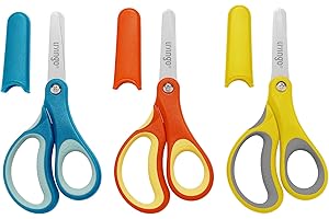 LIVINGO Kinderschere 12,7 cm für Links- und Rechtshänder, stumpfe Spitze für Sicherheit, inkl. Abdeckung, Farben: Orange, Gelb, Blau, aus Edelstahl, ideal für Basteln und Schule, langlebig und sicher.