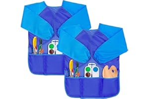 Gwolf Grembiule Pittura Bambini, 2 Pezzi Grembiule per Pittura Bambini 8-10 Anni, Grembiule Pittura con Maniche e 3 Tasche, Grembiule per Bambini Tessuto per Pittura Scuola dArte, Cucina, Blu