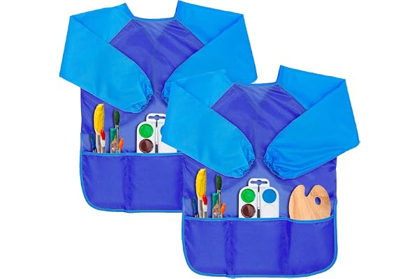 Gwolf Tablier Peinture Enfant, 2 pièces Blouse Peinture Enfant 8-10 Ans, Blouse Peinture avec Manches et 3 Poches, Tablier de Peinture Tissu pour Enfants pour l'école Peinture d'art, Cuisine,Bleu