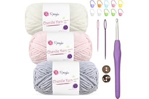 Renyiz Chunky Chenille Yarn for Crochet Fluffy Baby Blanket Yarn 3x50g Soft Fluffy Wool with 5mm Crochet Hook Amigurumi Crochet Yarn for Beginners (White-3)