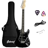 Juarez Electric Guitar 38" Strat Style, H-S-S Pickup, 21 Frets, Full Black Gloss Finish, Maple Neck, Rosewood Fingerboard, Chrome Hardware – with Bag, Tremolo Rod, Cable, Picks & Allen Key: 