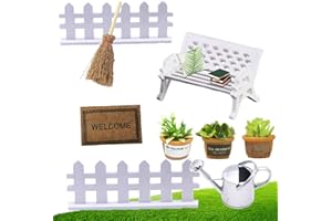 DONGZQAN 9 Stück Möbel Deko Mini Ornament, Miniatur Gartengeräte, 3 Mini-Pflanzen, 1 Bank, 1 Besen, 1 Teppich, 1 Gießkanne, 2 Zäune. Geeignet Zum Dekorieren Von Mini-Garten