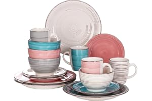 vancasso Bella Dinner Set for 4, Stoneware Plate Bowl Set Handpainted Tableware, 16 Piece Colorful Dinner Service with Dinner Plate/Dessert Plate/Cereal Bowl/Mug, Rustic Chic Style