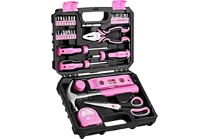 DEKOPRO DEKO Boîte à outils complète rose 42 pièces, mallette, boîte à outils bricolage, cadeaux pour femme, maison, bureau et voiture, pour entretien quotidien
