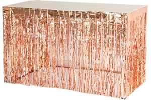SUNBEAUTY 2.4ft x 9ft Fringe Foil Table Skirt Table Clothes Sparkle Birthday Tinsel Backdrop Wedding Bridal Shower Decoration (Rose Gold)