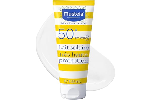 Mustela - Lait Solaire SPF 50 + - Très Haute Protection Solaire - Pour Toute la Famille Dès la Naissance - Soin À l'Avocat Bio Sans Parfum - Résiste à l'Eau - Gamme Soin Bébé et Peaux Sensibles