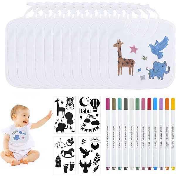 Miiepls 12 Stück Lätzchen Zum Selbstgestalten - Kreativ-Set Für Babyparty Mit 12 Textilstiften & 3 Malvorlagen