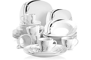 VEWEET „Fiona” 30-częściowy porcelanowy serwis stołowy kombi, filiżanki do kawy o pojemności 175 ml, spodki, talerze deserowe, talerze obiadowe i talerze do zupy, pełny serwis dla 6 osób