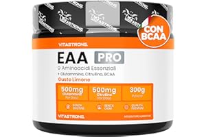 VITASTRONG. Aminoacidi Essenziali EAA PRO Vitastrong, 9 EAA Aminoacidi Essenziali Polvere 300g, BCAA Amminoacidi Ramificati, Glutammina, L Citrullina, L-Tirosina, L Lisina, L Triptofano, Metionina, Gusto Limone