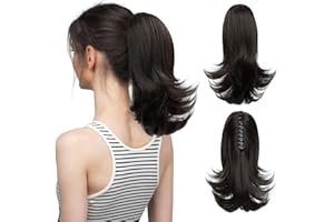 CJL HAIR Short Claw Clip Ponytail Hair Extension Drawstring Synthetic Fake Hairpiece for Women 12" Straight Ponytail with End Curls Black Brown