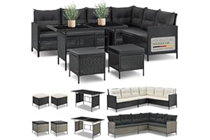 Juskys Lounge in polyrattan Manacor nero - Lounge da giardino con divano, tavolo, 2 sgabelli e cuscini - Set di mobili da giardino fino a 7 persone - Rivestimenti dei sedili color grigio