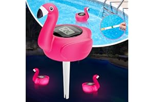 LanBlu Thermomètre Piscine Flottant avec Lumière, Solaire Thermometre Piscine Numérique Facile à Lire Nuit, Flamingo Thermomètre de Piscine avec Grand Écran LCD, Thermometre Piscine pour Bassin Spa