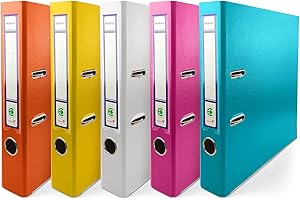 ‎NETUNO Netuno 5x Ring-Buch 5 Farben orange gelb weiß rosa türkis DIN A4 2-Ring-Mechanik 5cm Ringmappe schmaler Aktenordner schmal Aktenordner dünn Kunststoffordner einfarbig Dokumente Ordner Schulordner