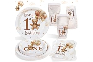 HEBOLAND Decorazioni Compleanno 1 Anno Piatti Set per 25 Ospiti, 100 Pezzi Decorazioni Stoviglie Compleanno 1 Anno Bimbo Beige Balloon Orso Feste Piatti Carta, Tazze e Tovaglioli per Bimbo Ragazzi
