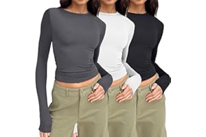 SERRIA 3PC Skim Dupes Basic Crop Top for Women Basics Clothing Women Skims Multi Pack Long Sleeve Crop Top T Shirts Y2K Crew Neck T Shirts Solid Color Blouses Tiktok Tight Baby Tees Tops