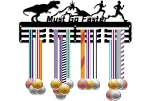 CREATCABIN Must Go Faster Porta Medaglie Display Porta Medaglie Porta Medaglie Sport Metallo Appeso Ferro Dinosauro Montaggio A Parete Cornice Decor Medaglie Ganci per Corridore Maratona 40x15cm