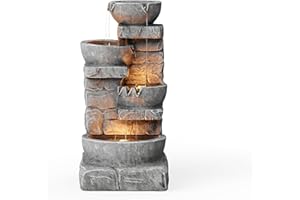 Teamson Home Cascading Bowls & Stacked Stone Outdoor Water Fountain with LED Light, Grey