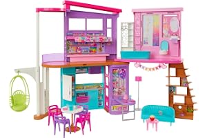 Barbie Semesterhus dockhus lekset med tillbehör | Dockhus i 2 våningar, 6 rum, hiss, gunga, 30+ tillbehör, från 3 år, HCD50